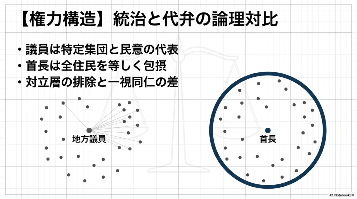 地方議員は特定集団を代表し、首長は全住民を等しく包摂するという、統治と代弁の権力構造を対比した図。
