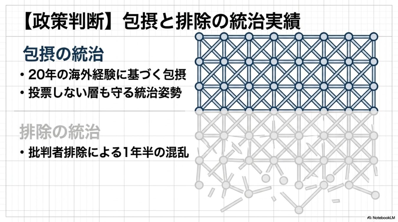 【政策判断】包摂と排除の統治実績を比較し、包摂による社会の安定と排除による混乱を解説するスライド。