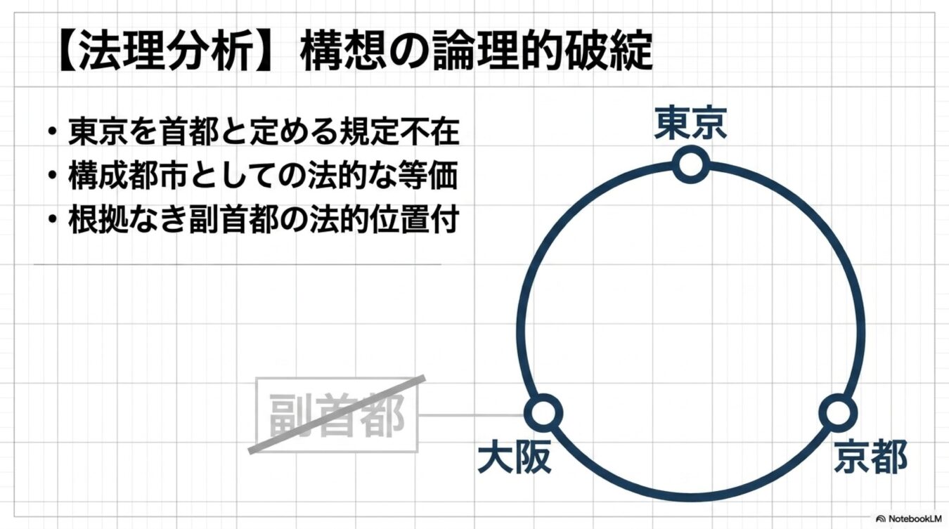 東京を首都と定める規定の不在や副首都の法的根拠のなさを指摘し、副首都構想の論理的破綻を解説する図。