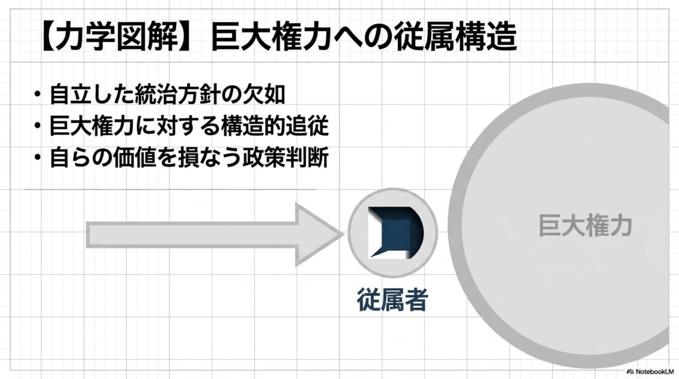 【力学図解】巨大権力への従属構造。自立した統治方針の欠如や構造的追従など、従属性の要因と関係を示す図。