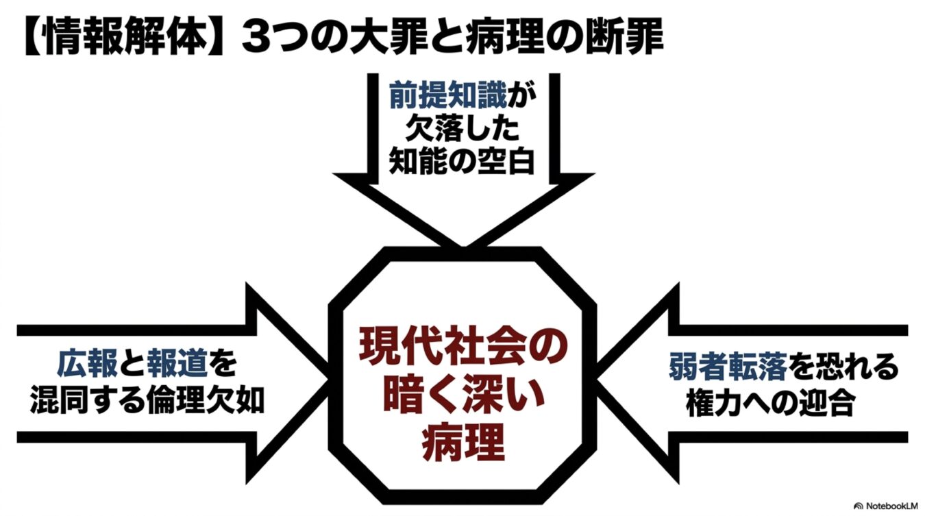 情報解体3つの大罪と病理の断罪として、前提知識の欠落、広報と報道の混同、権力への迎合が現代社会の病理に集約される構造を示す図。