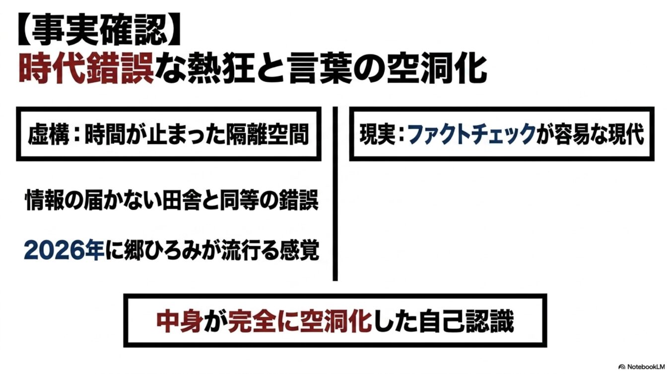 事実確認をテーマに、虚構と現実の対比を通じて、時代錯誤な熱狂と空洞化した自己認識を解説する図解。