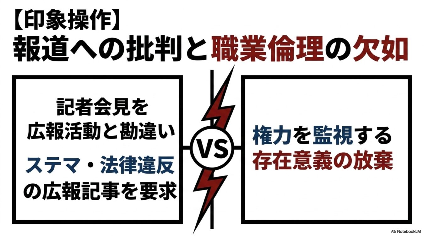 【印象操作】報道への批判と職業倫理の欠如。記者会見を広報と誤解する要求と、権力監視の放棄の対比。
