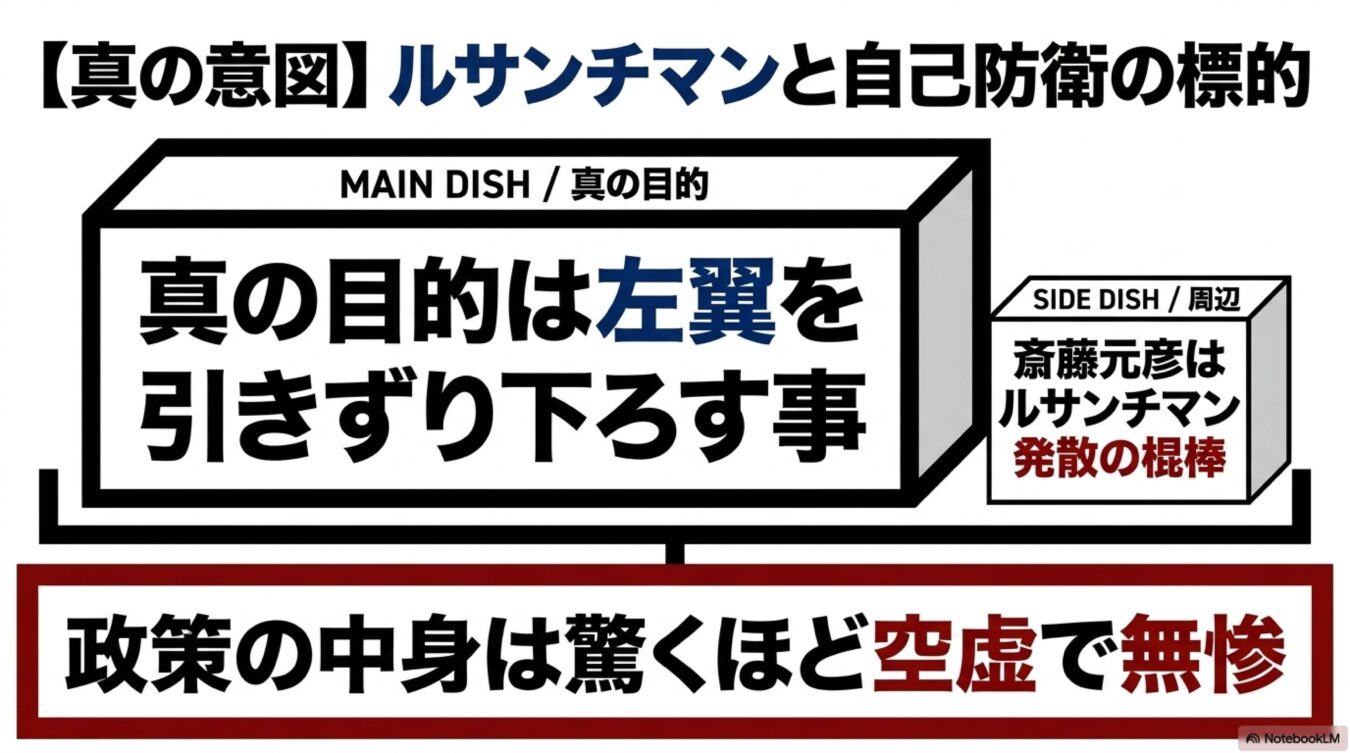 真の目的は左翼を引きずり下ろす事政策の中身は驚くほど空虚で無惨という主張をまとめた図解。