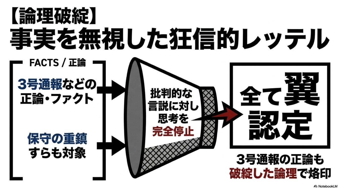事実を無視した狂信的レッテルと題し、正論やファクトが思考停止を経て全て翼認定される論理破綻の図解。