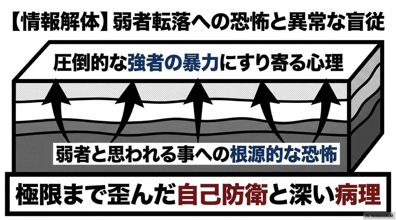 弱者転落の恐怖から強者の暴力にすり寄る心理と、極限まで歪んだ自己防衛の病理を解説する図解。