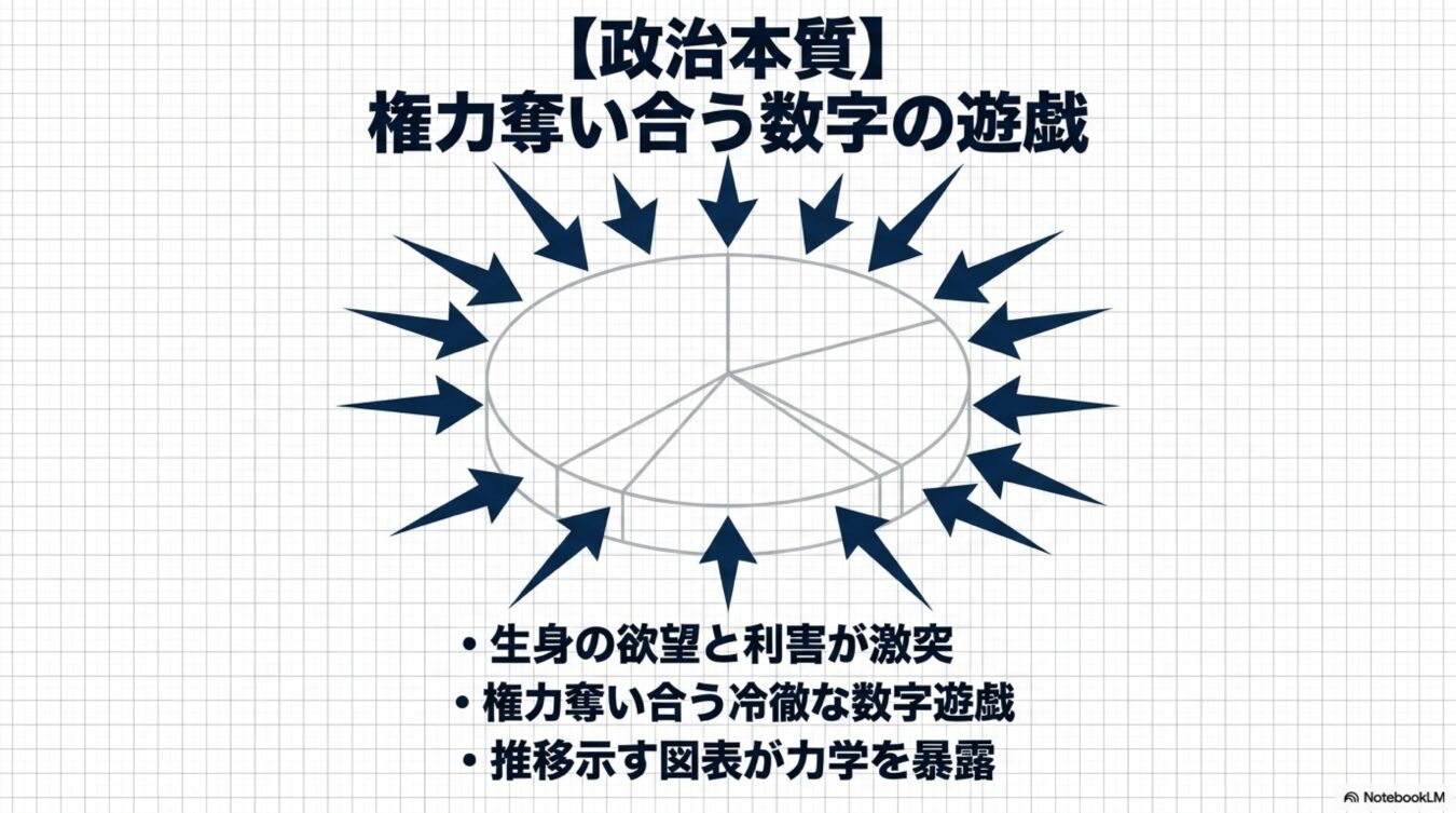 政治本質：権力奪い合う数字の遊戯という見出しとともに、周囲から円グラフに矢印が集中する図。欲望と利害が激突する権力争いの冷徹な力学を視覚的に表現している。