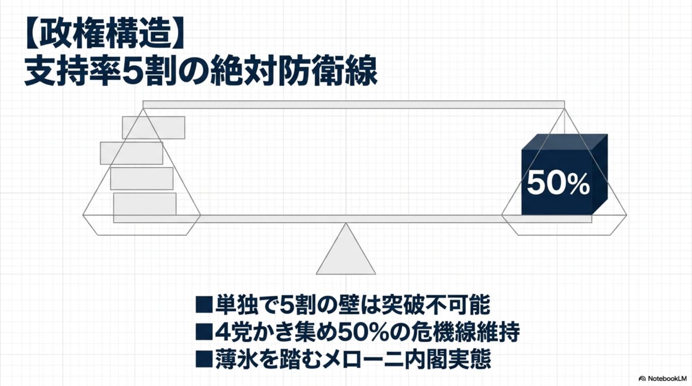 天秤を用いて50％の支持率を維持するメローニ内閣の不安定な政権構造を解説。4党連合で過半数を維持する現状を視覚的に表現しています。