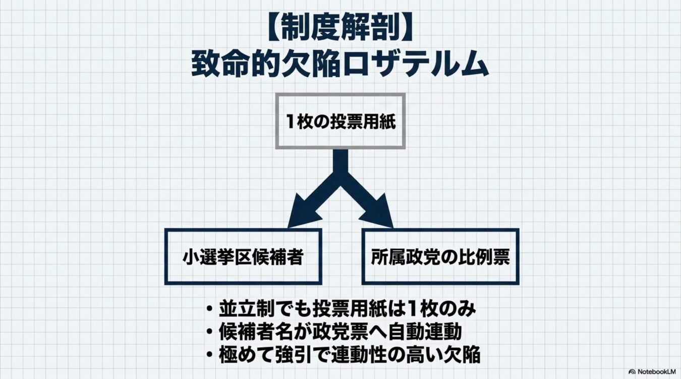 制度解剖として、1枚の投票用紙で小選挙区候補者と比例票が連動する選挙制度の構造と、その欠陥を指摘した解説図。