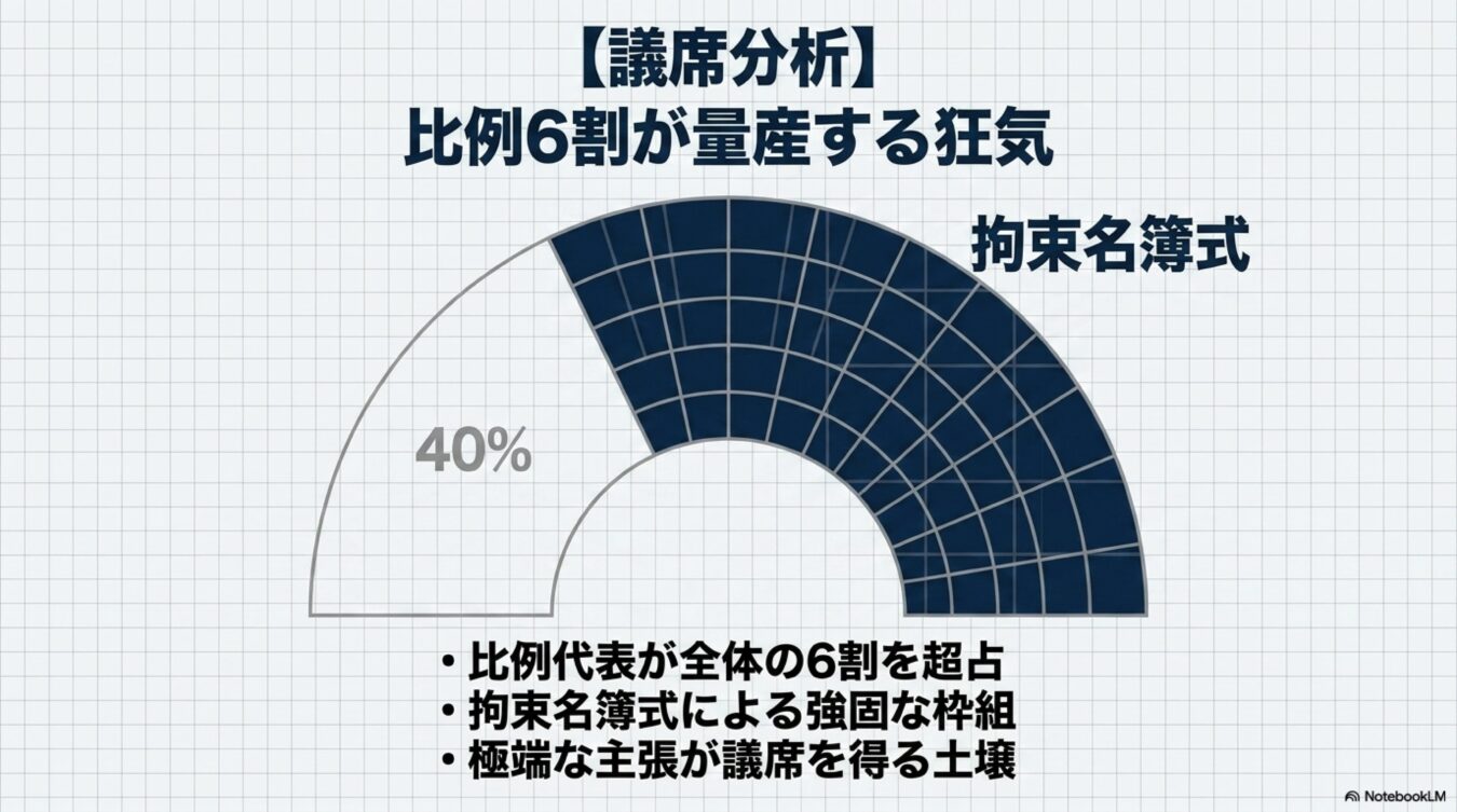 比例代表が6割を占める拘束名簿式の議席分析図。強固な枠組みが極端な主張を議席に反映させやすい土壌を生むという指摘。