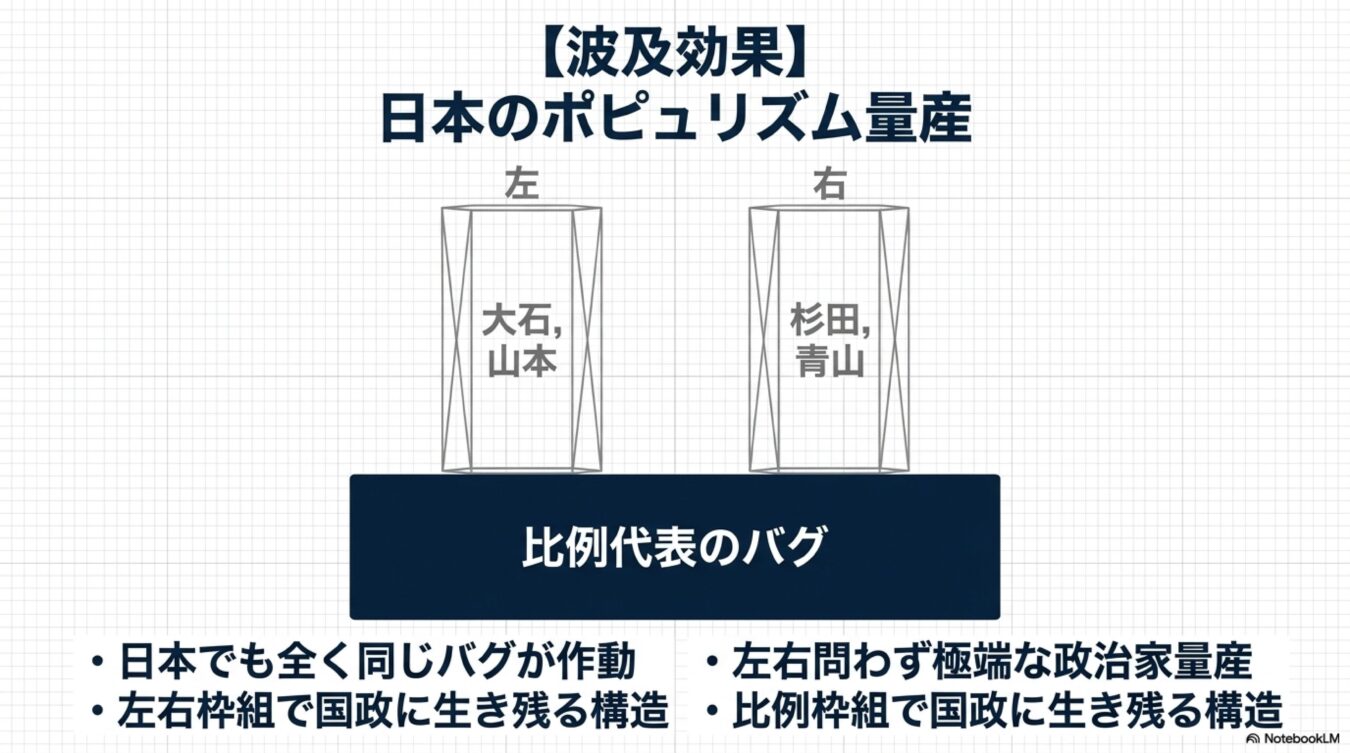 比例代表制の仕組みが極端な政治家を量産する波及効果についての図解。左右両陣営で特定の政治家が国政に残り続ける構造を指摘している。
