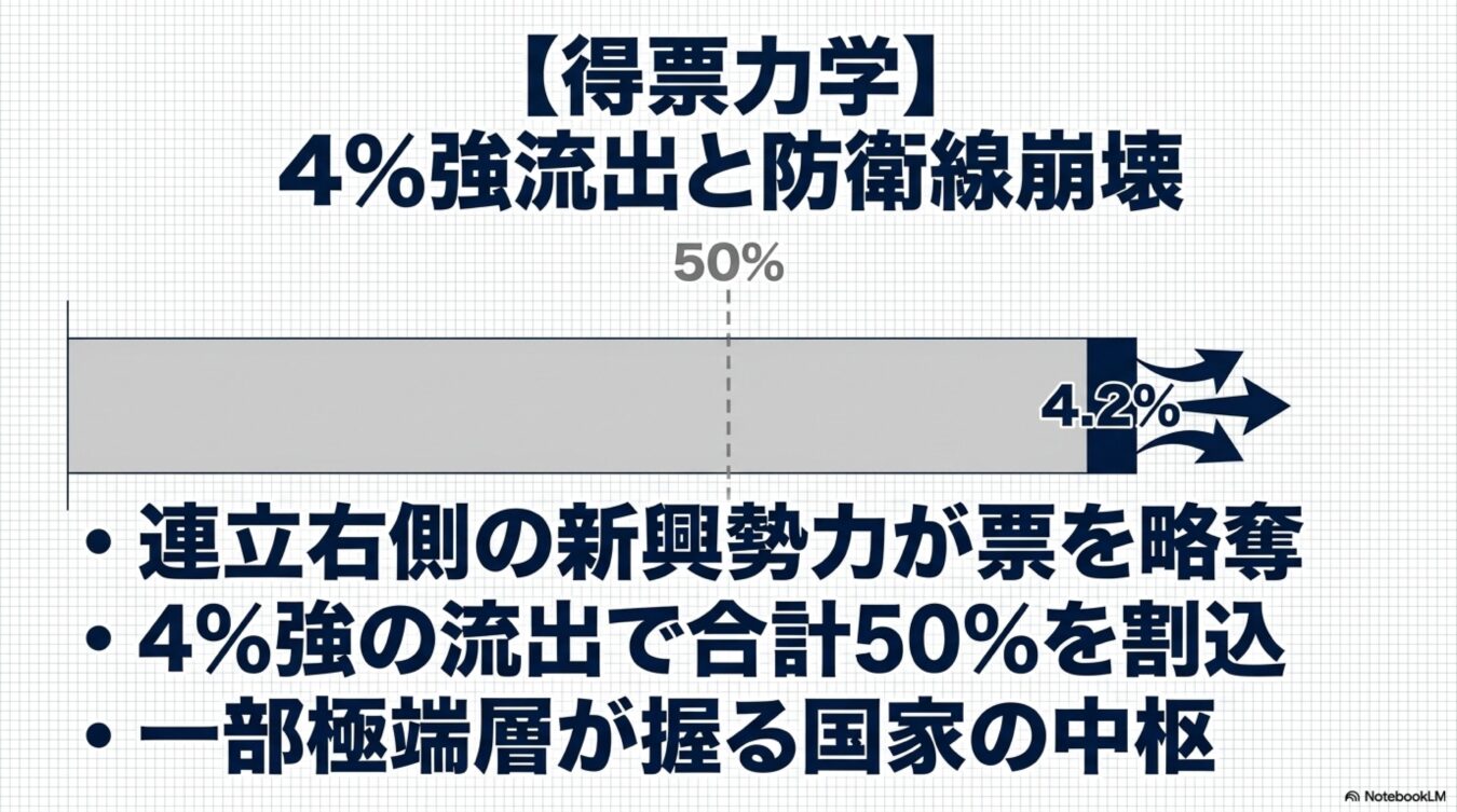 得票力学の分析図。新興勢力による4.2%の票流出で合計50%を割り込み、防衛線が崩壊して極端層が中枢を握る状況を示している。