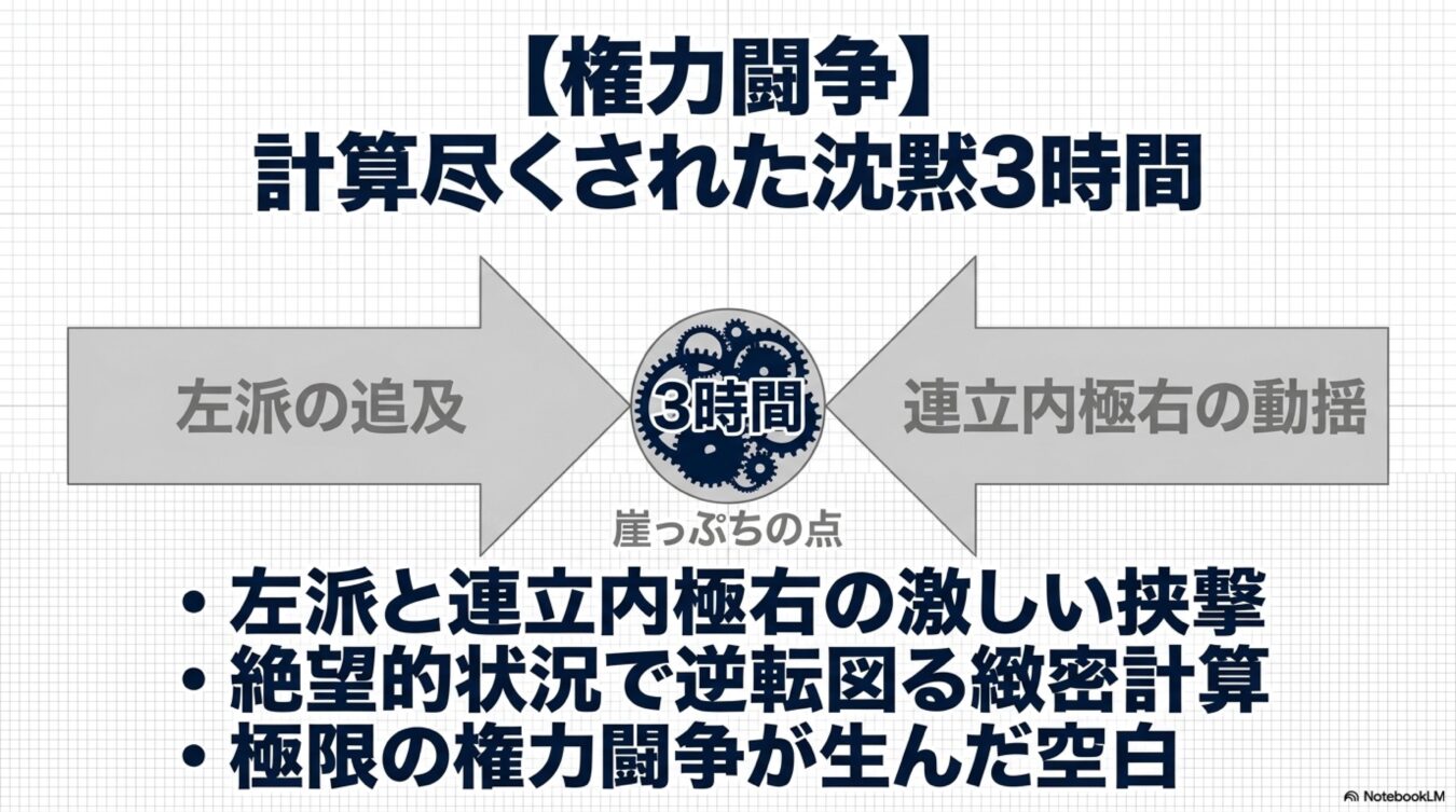 権力闘争において左派の追及と連立内極右の動揺が交錯する中、計算された3時間の空白と逆転を図る緊迫した状況を示す図。