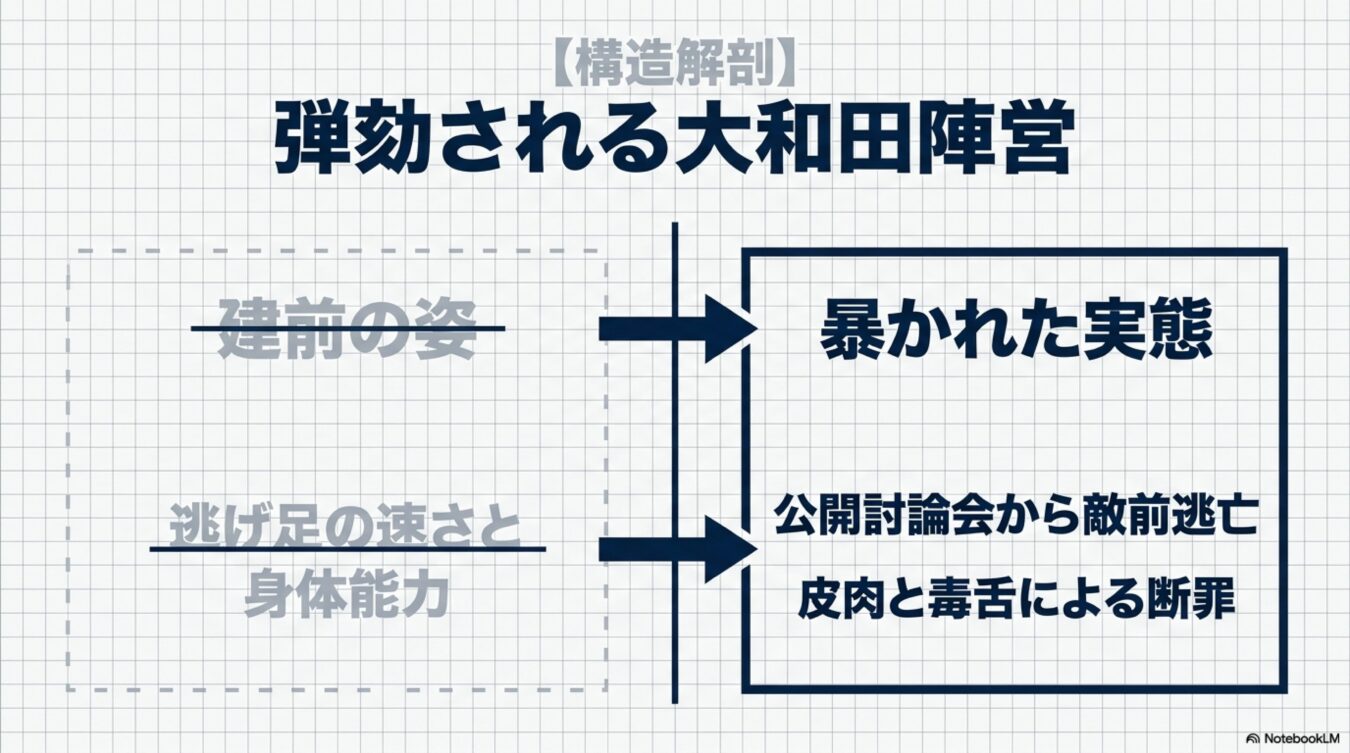 弾劾される大和田陣営の構造解剖。建前の姿や身体能力が、暴かれた実態や公開討論会からの敵前逃亡、断罪に変わる構造。