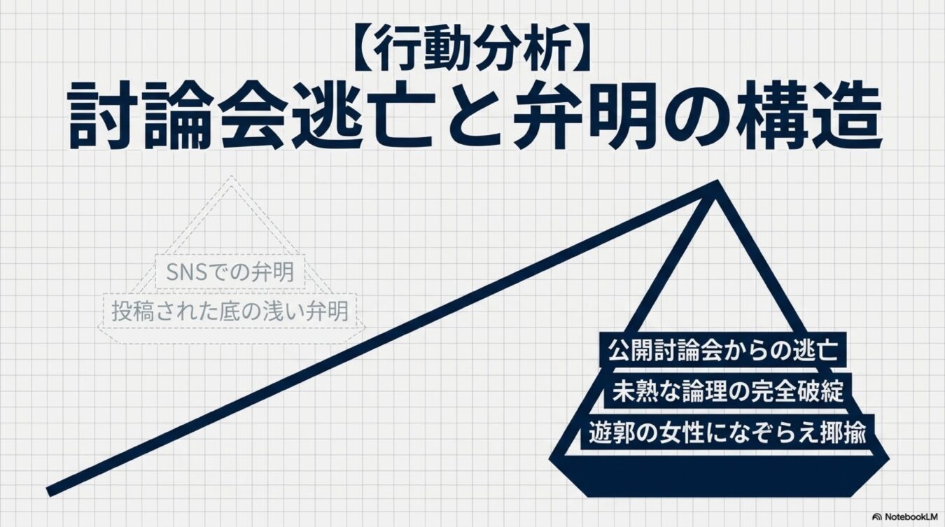 討論会逃亡と弁明の構造として、SNSでの軽い弁明よりも討論会逃亡や論理破綻の方が重いことを表す天秤の図。