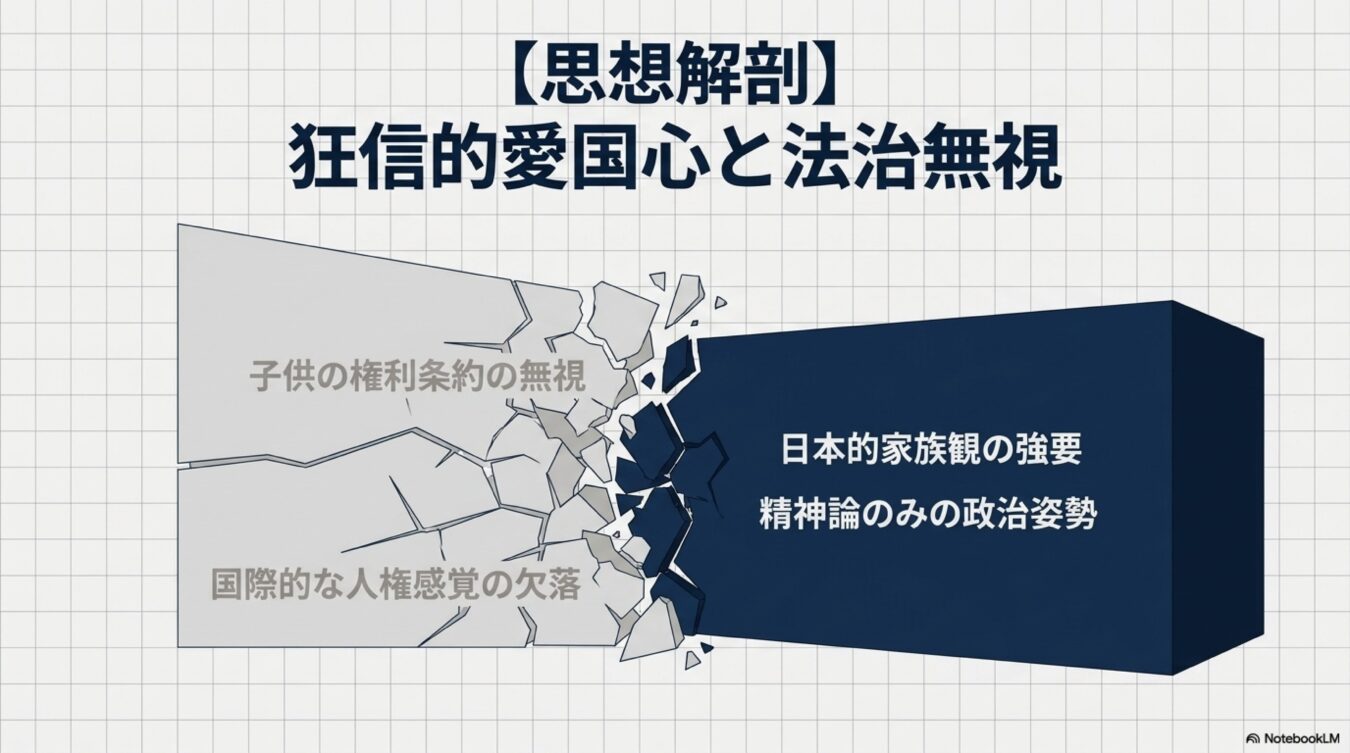 狂信的愛国心と法治無視をテーマに、日本的家族観の強要や精神論が子供の権利や人権感覚を破壊する関係性の解説。