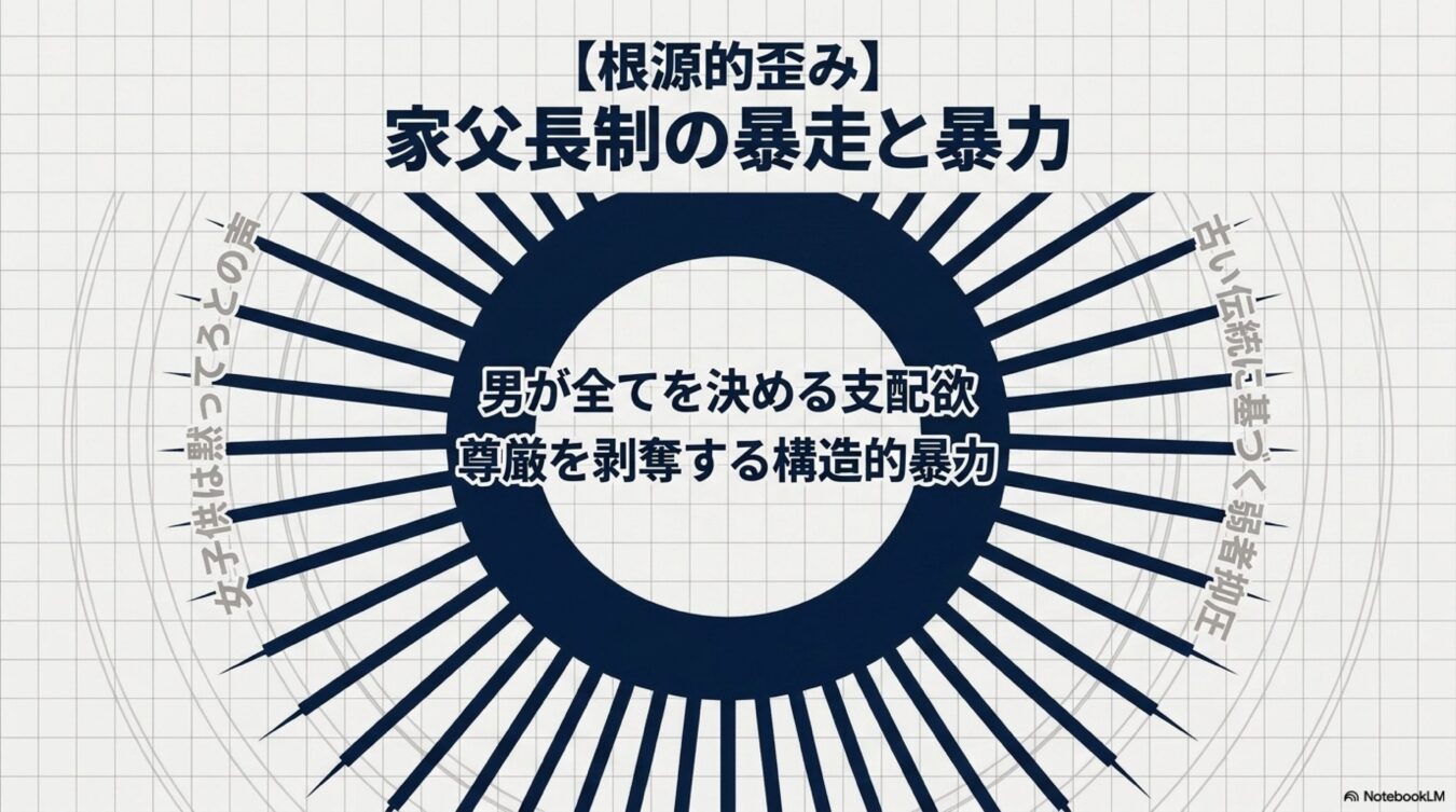 家父長制の暴走と暴力:男が全てを決める支配欲、尊厳を剥奪する構造的暴力、女子子供や弱者への抑圧。