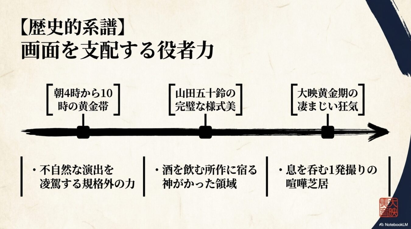 役者力をテーマに、朝4時から10時の黄金帯山田五十鈴の様式美大映黄金期の狂気の3軸で描く歴史的系譜。
