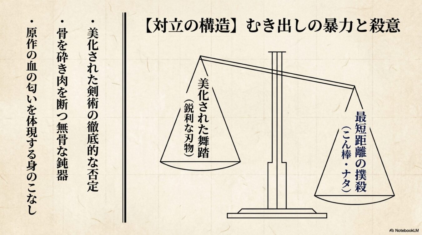 美化された剣術の否定と、骨を砕く無骨な鈍器によるむき出しの暴力の対立構造を示す天秤。
