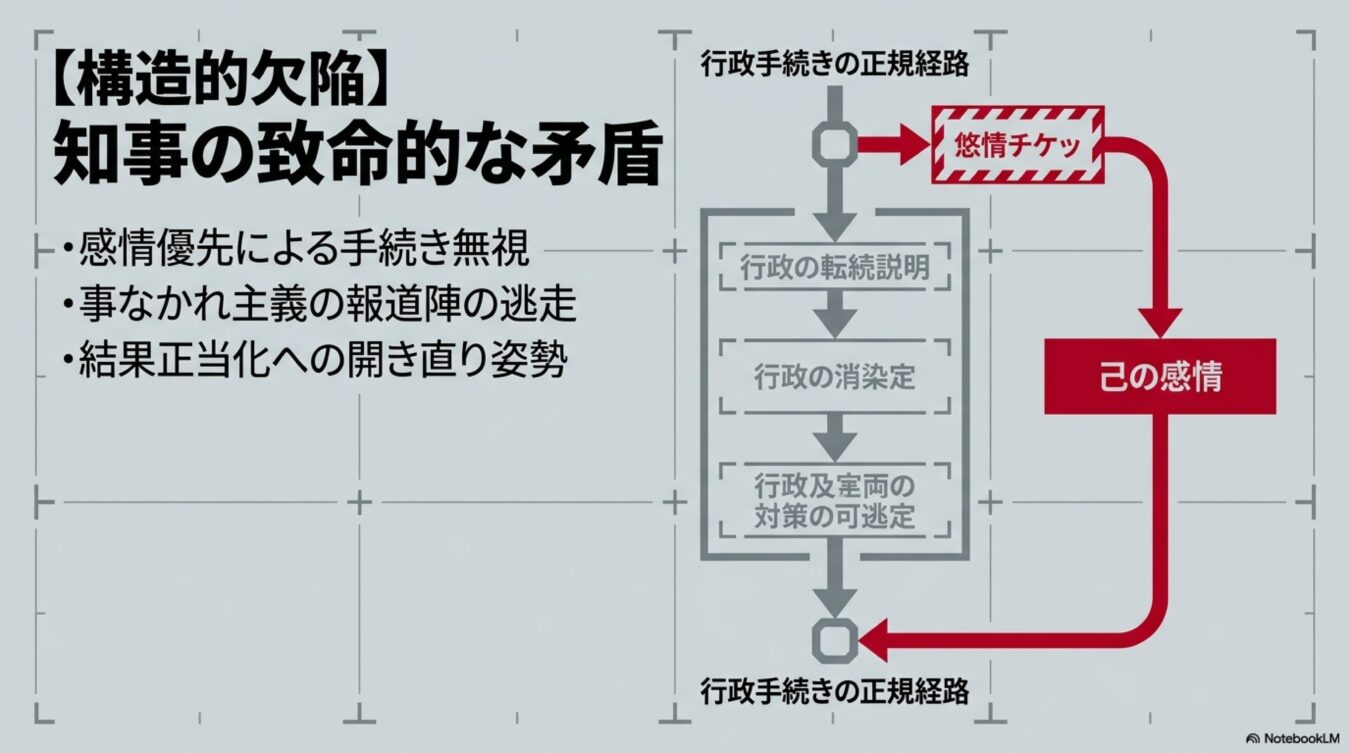 正規の行政手続きを迂回し感情で決定を下す知事の致命的な矛盾と構造的欠陥を示すフロー図。
