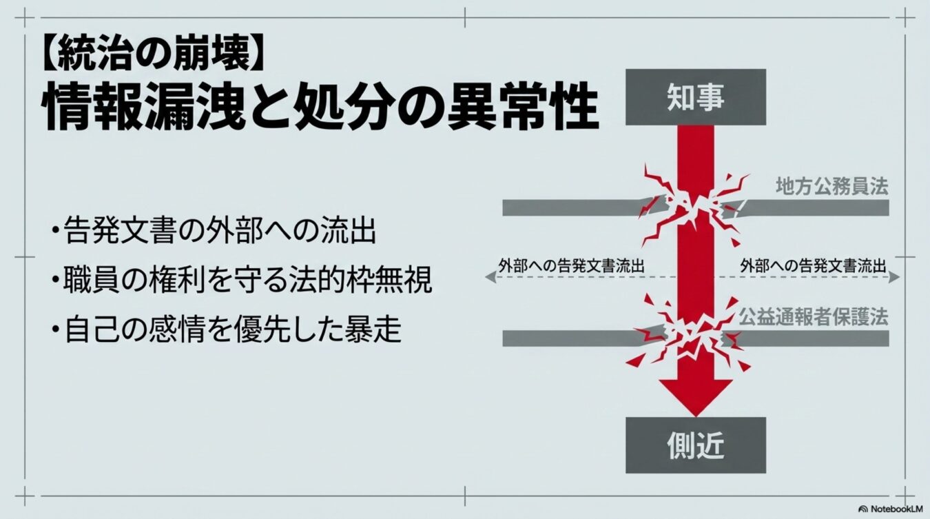【統治の崩壊】情報漏洩と処分の異常性を指摘し、知事が地方公務員法や公益通報者保護法を無視する構図を示す図。