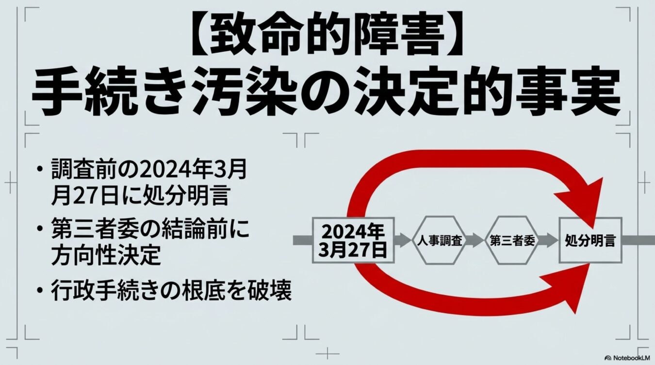 2024年3月27日の処分明言により、調査や第三者委のプロセスが形骸化した手続き汚染を示す図解。