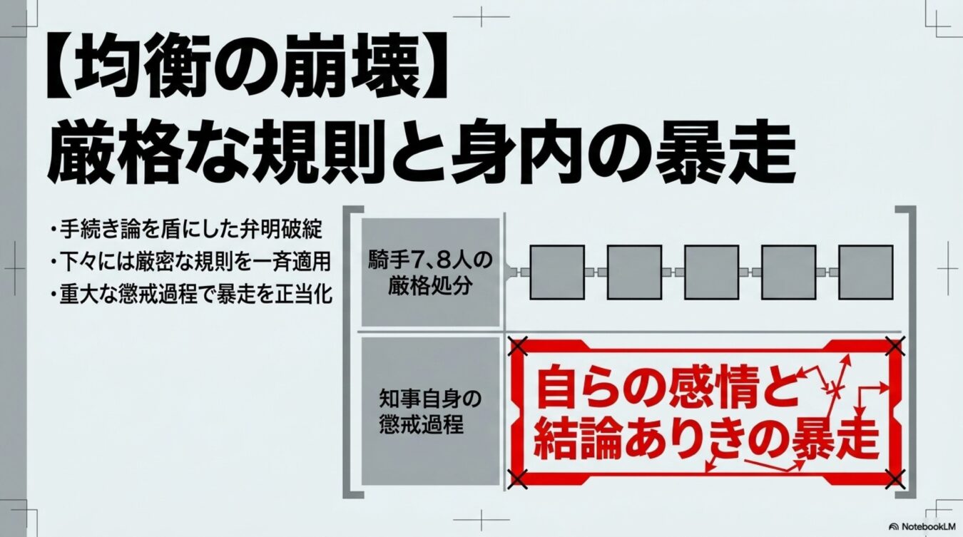 均衡の崩壊と題し、騎手への厳格な規則適用と、知事自身の感情による結論ありきの暴走の対比を示す図。