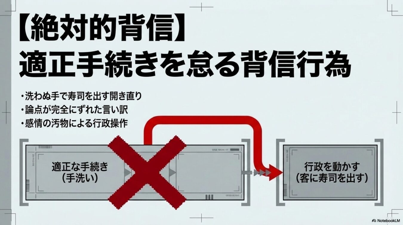 適正手続きを怠る背信行為を、手洗いをせずに客に寿司を出す不適切なプロセスとして説明する図解。