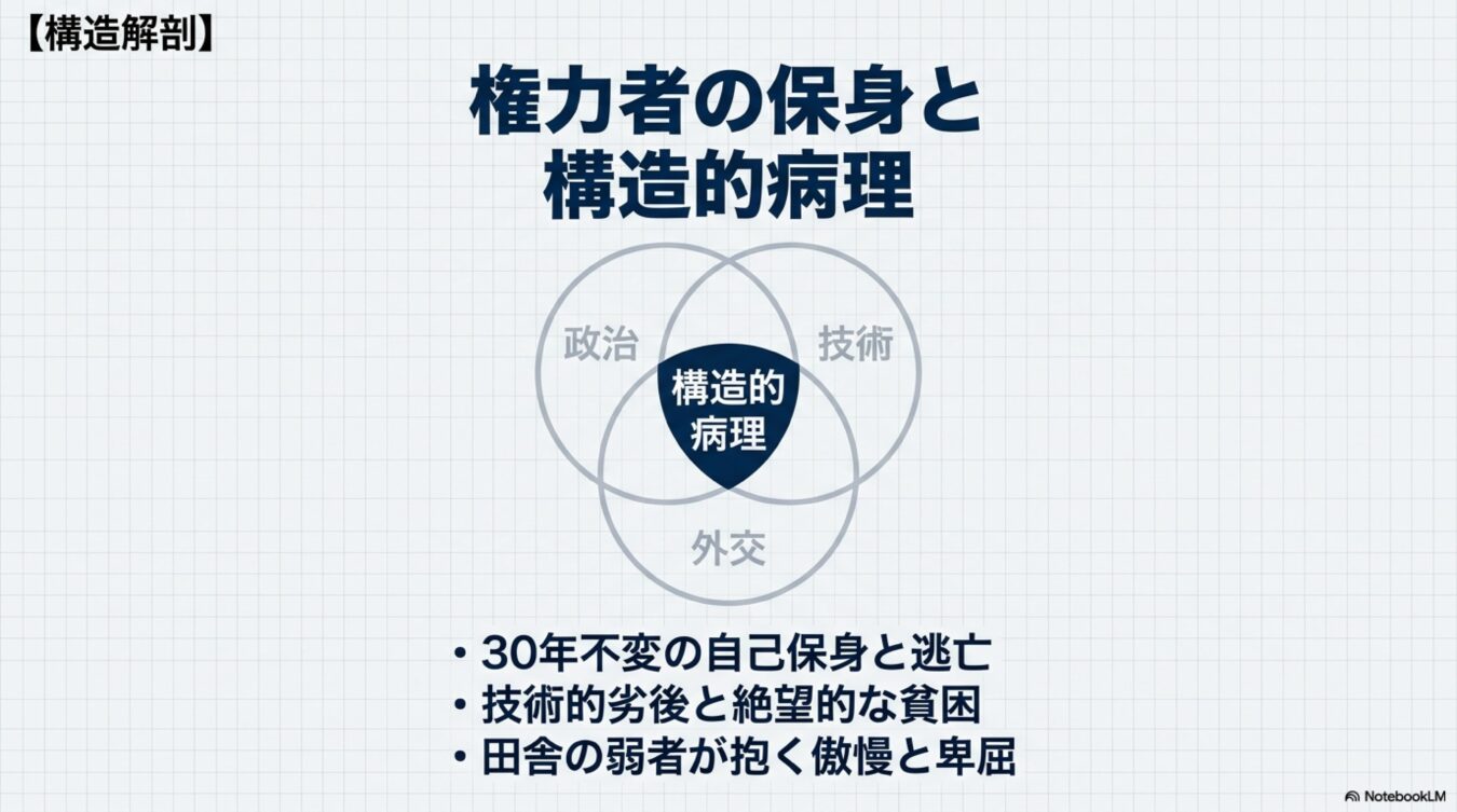 権力者の保身と構造的病理の図解。政治、技術、外交の交差により病理が生じ、自己保身、技術的劣後、傲慢と卑屈という問題が複合的に絡み合う様子を示している。