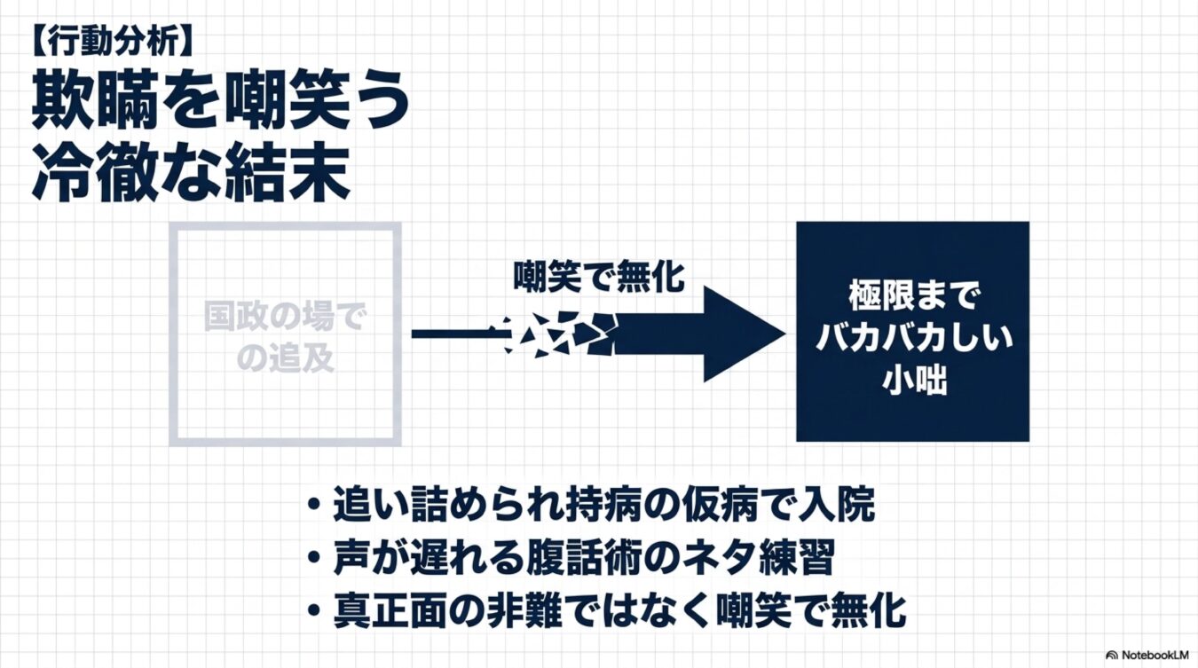 国政の追及を嘲笑で無化しバカバカしい小咄にする行動分析。仮病入院や腹話術といった具体例を交えて解説。