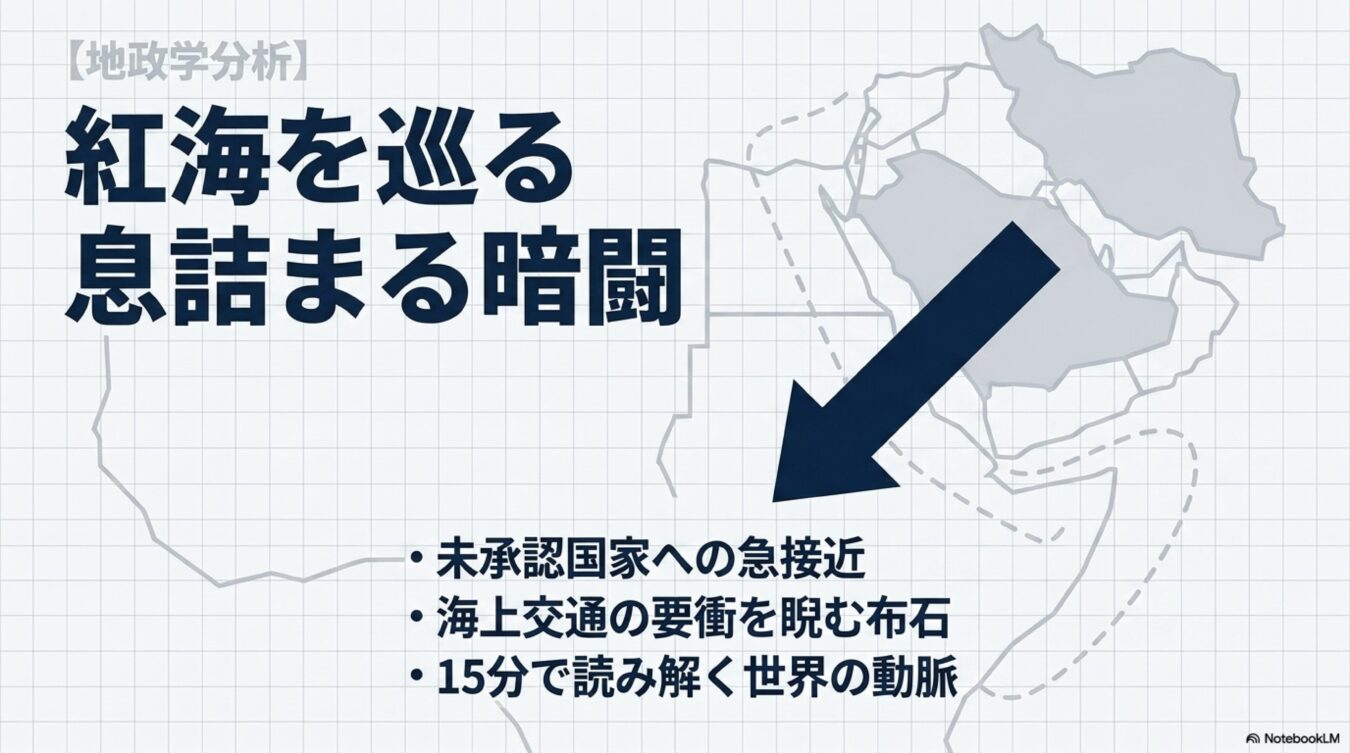 地政学分析:海上交通の要衝である紅海を巡り、未承認国家への急接近や国際的な暗闘が続く現状を解説する図解。