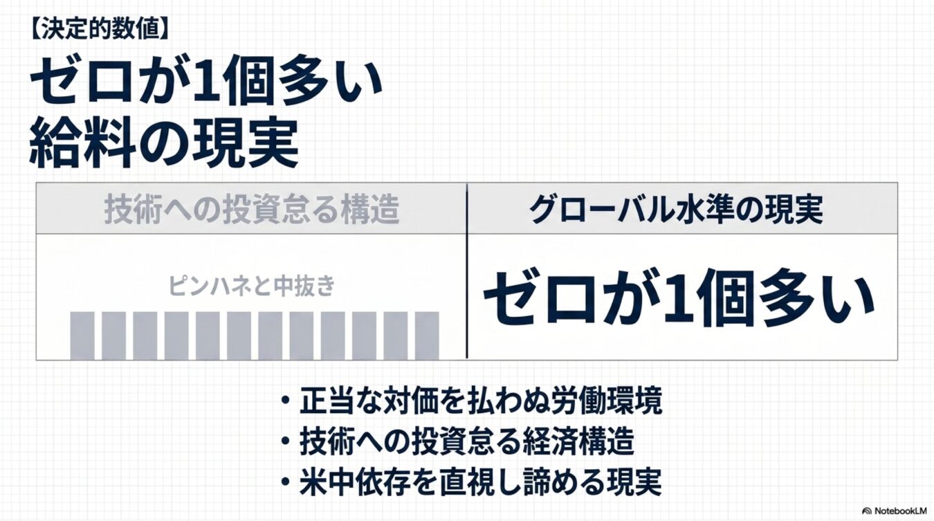 ゼロが1個多い給料の現実という見出しのもと、正当な対価が払われない日本の労働環境と、技術投資を怠る経済構造、グローバル水準との決定的な賃金格差を指摘する図解。