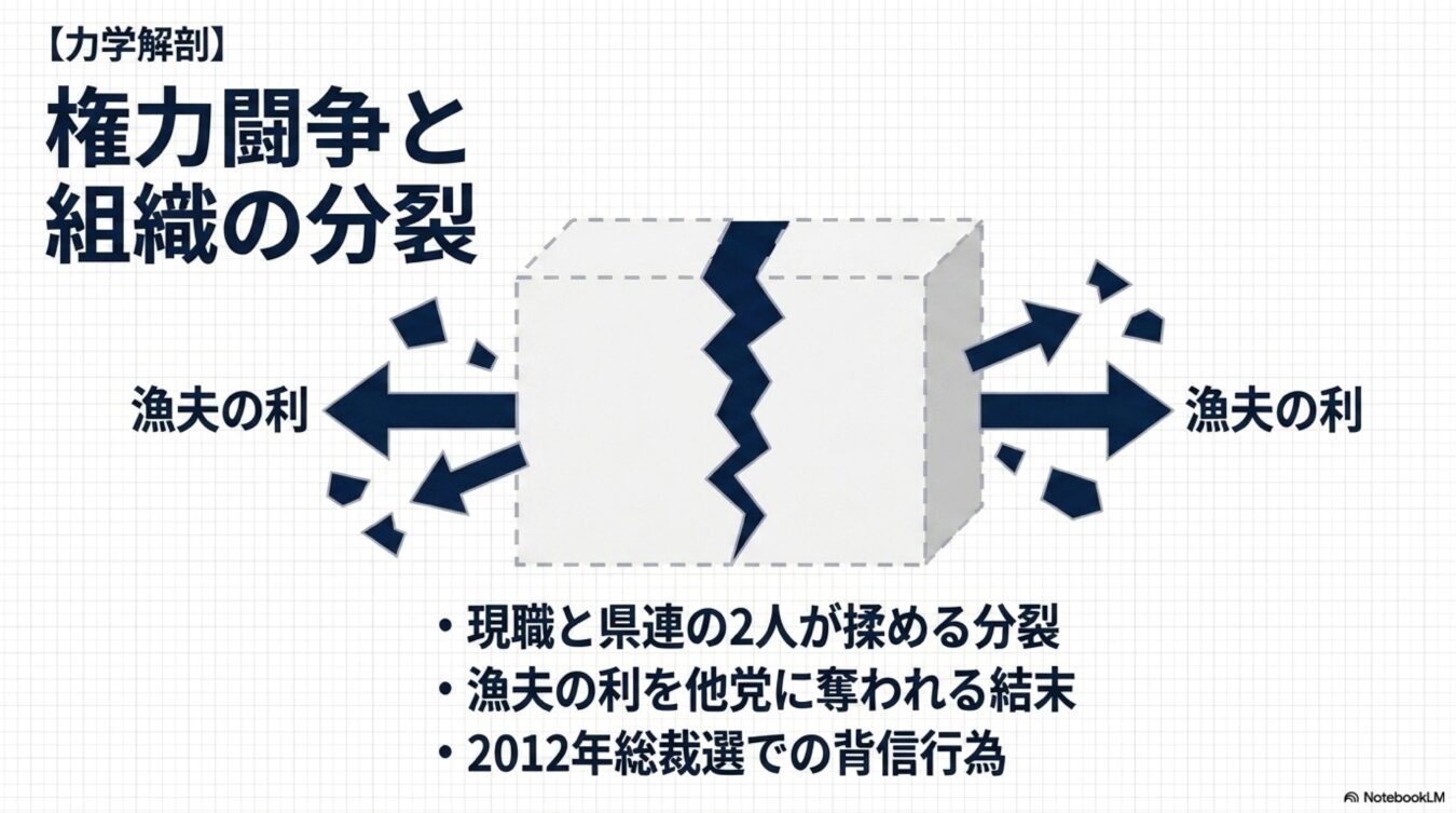 権力闘争による組織の分裂と、内紛で弱体化した結果、他党に漁夫の利を奪われる構造を解説した図解。