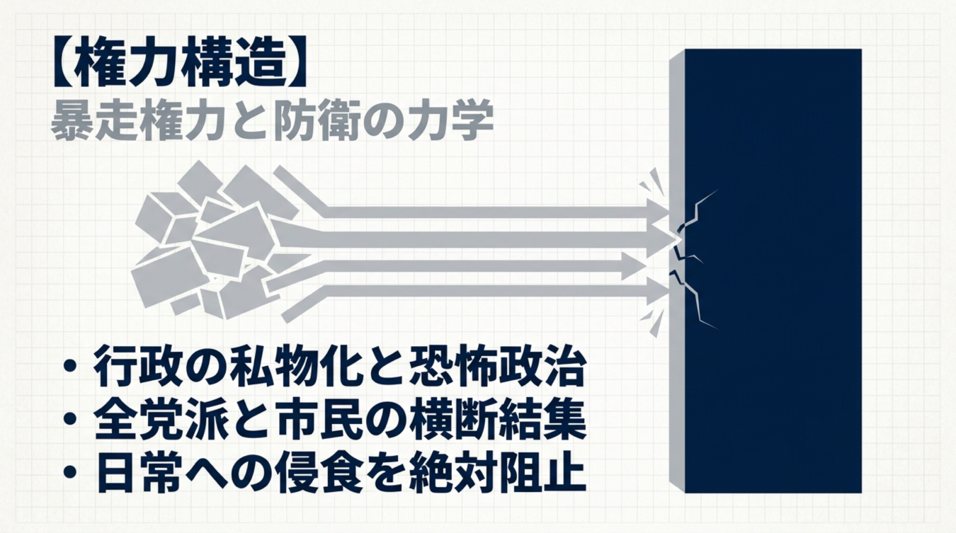 権力構造と暴走する権力への対抗、市民の結集をテーマにした図解
