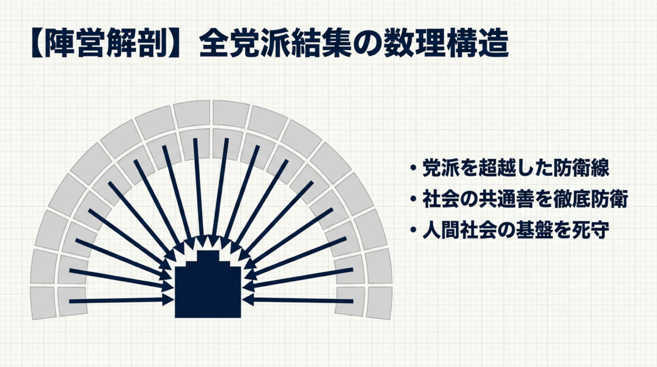 全党派が結集し社会の共通善や基盤を守る防衛線を数理構造で示した図解