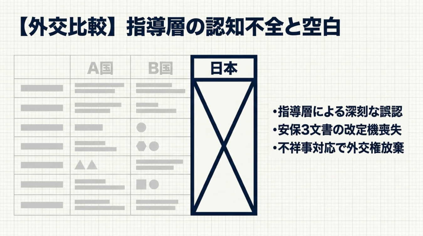A国やB国と比較した日本の外交における指導層の認知不全と空白を批判的に示す比較表の画像