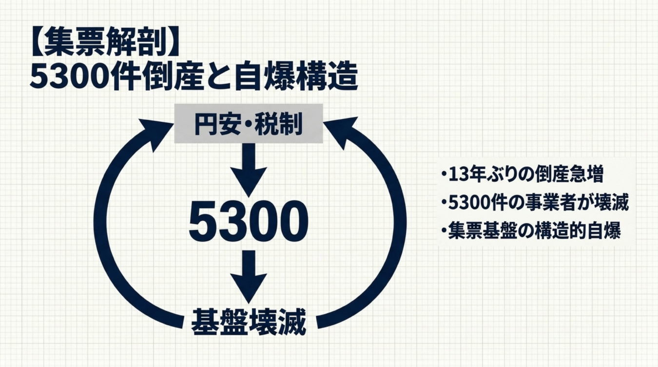 円安や税制が引き起こす5300件の倒産と基盤壊滅を示す循環構造の図解