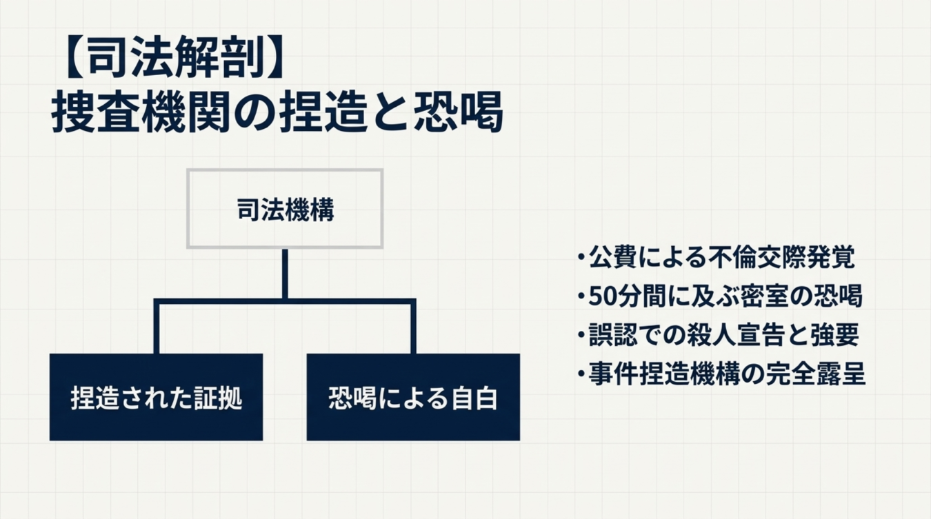 司法機構における捏造された証拠と恐喝による自白を示す図解