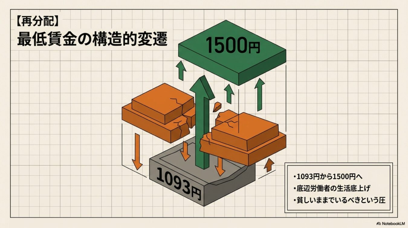 【再分配】最低賃金を1093円から1500円へ引き上げ、労働者の生活を底上げする構造的変遷の図解。