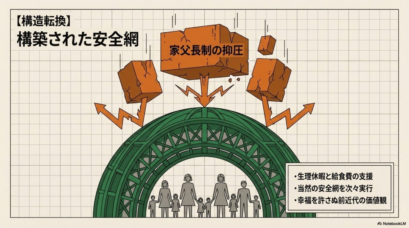 家父長制の抑圧という落下する岩から、構築された緑の安全網(支援制度)が人々を守る構造転換の図解。