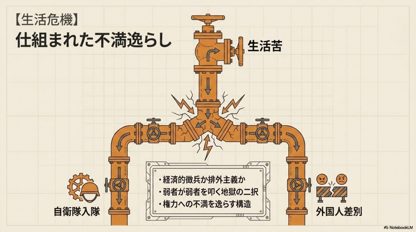 生活苦からの不満が、自衛隊入隊と外国人差別の二方向に誘導され、権力への不満が逸らされる仕組み。