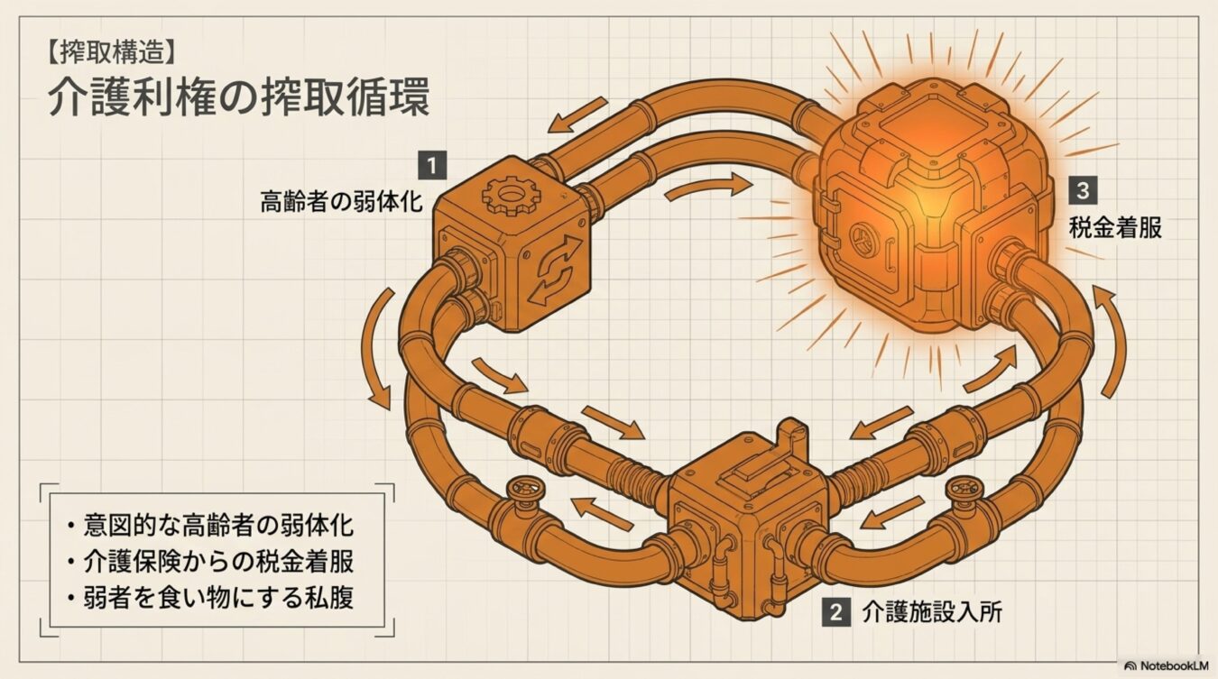 高齢者の弱体化、介護施設入所、税金着服の3ステップがループする介護利権の搾取循環システム。