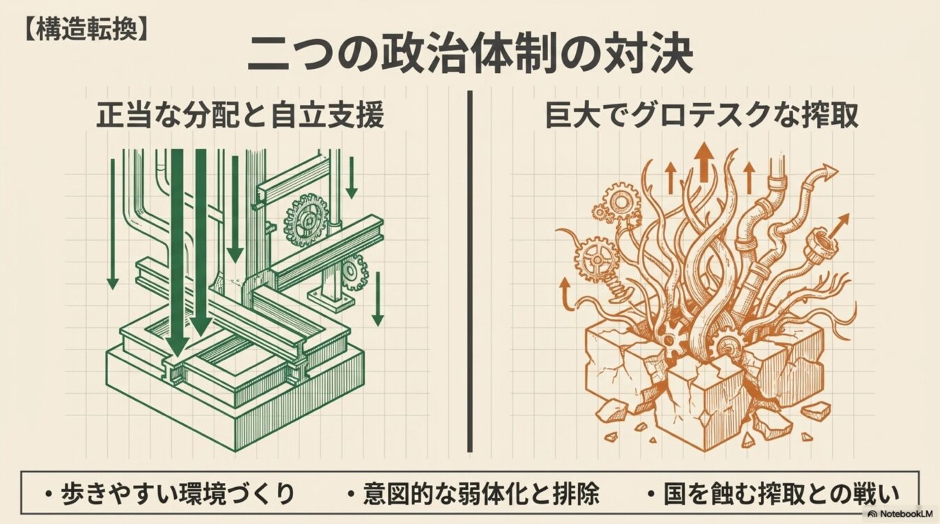 二つの政治体制の対決を題し、安定した分配・自立支援の構造と混沌とした搾取の様子を対比した解説図。
