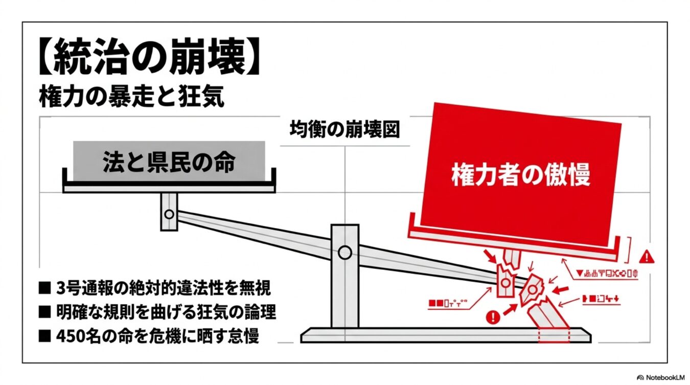統治の崩壊と題し、法と県民の命の重みに対し権力者の傲慢によって均衡が崩れ、支柱が折れた天秤を示す図解。