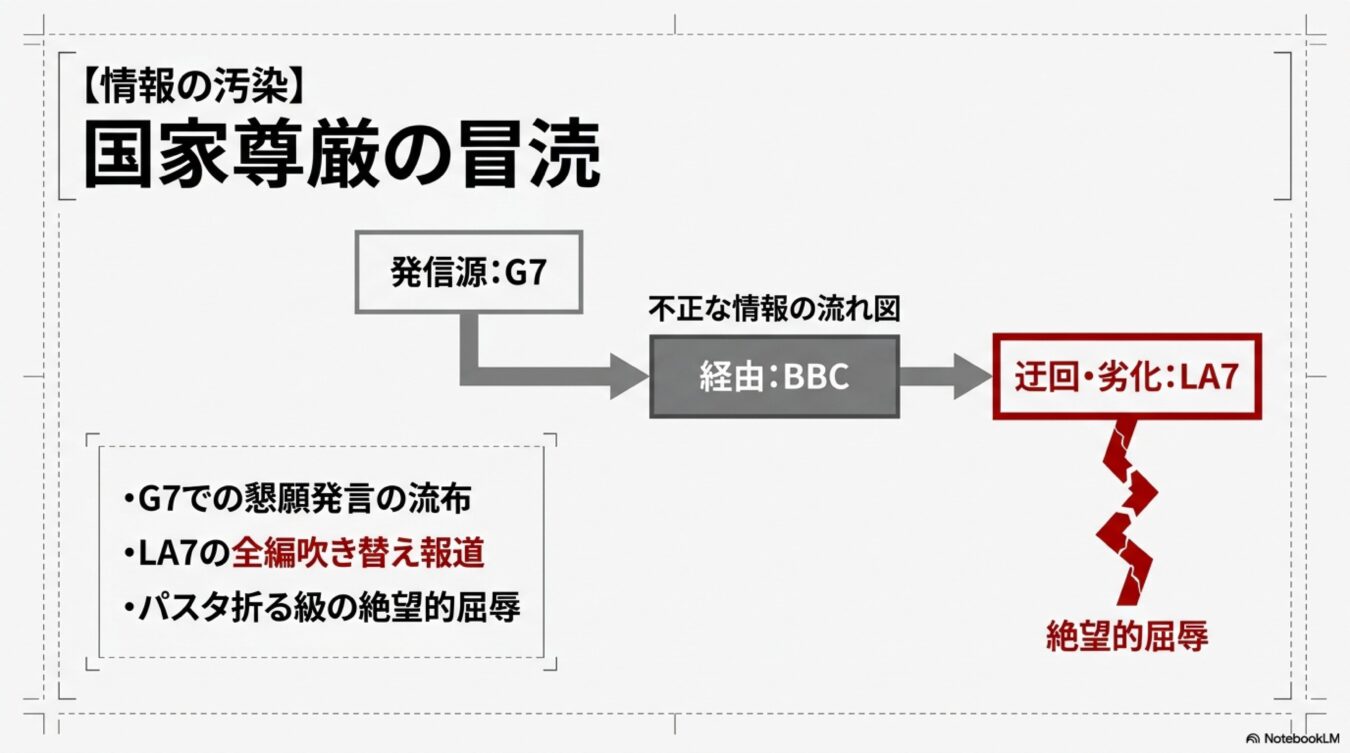 情報の汚染による国家尊厳の冒涜。G7からBBC、LA7へと至る不正な情報の流れと問題点の解説。