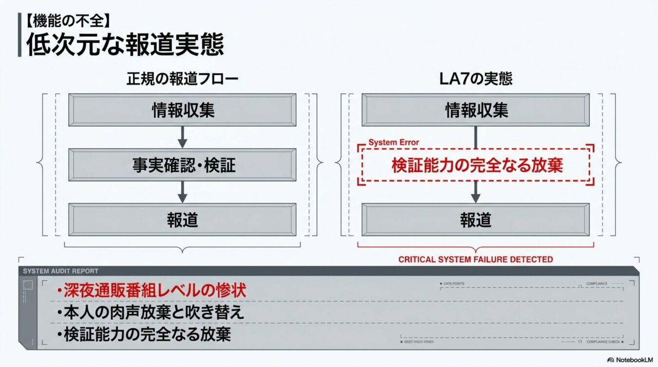 正規の報道フローと、事実確認・検証が欠落したLA7の実態を比較し、報道の機能不全を説明する図。