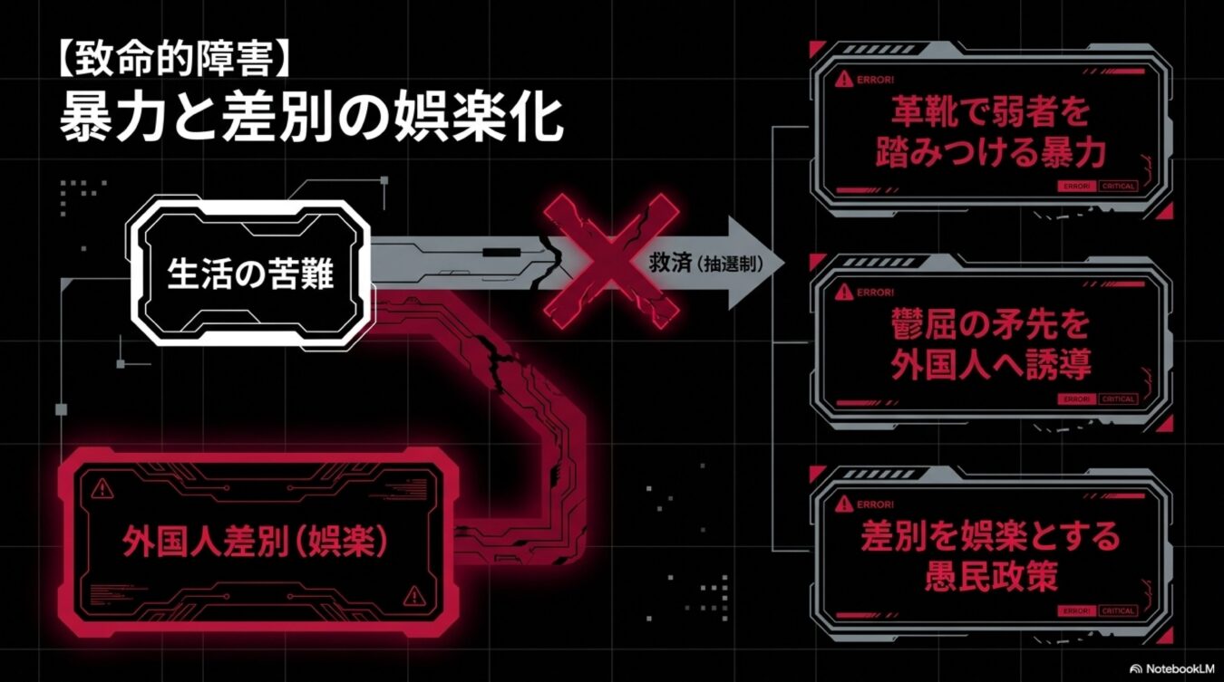 生活の苦難が暴力や外国人差別へと誘導され、娯楽として消費される構造を批判的に図解した概念図。