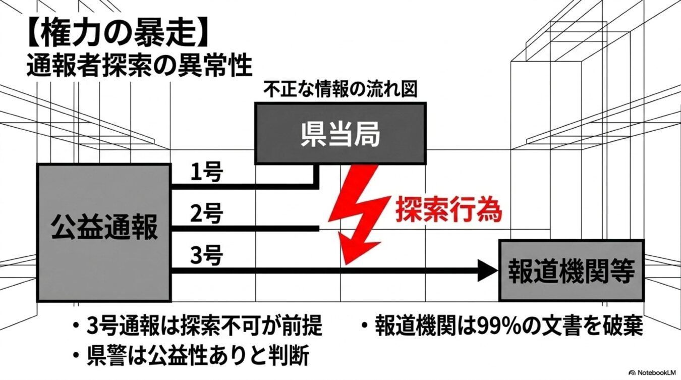 県当局による通報者探索の異常性を指摘する図解。公益通報の1〜3号と報道機関への情報の流れ、および探索行為の問題点を解説している。