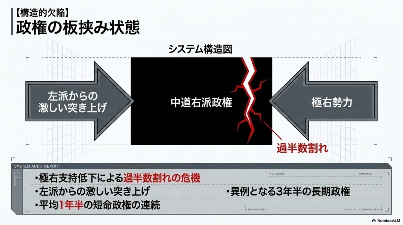左派の突き上げと極右勢力の板挟みとなり、過半数割れの危機に瀕する中道右派政権の構造図。