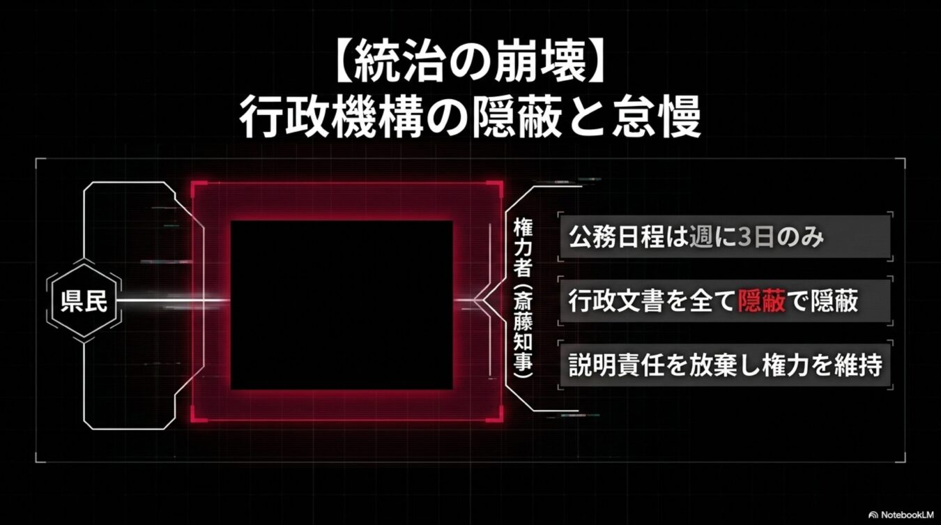 統治の崩壊と題し、斎藤知事による公務怠慢や行政文書の隠蔽、説明責任の放棄といった権力の維持構造を批判的に図解した資料。